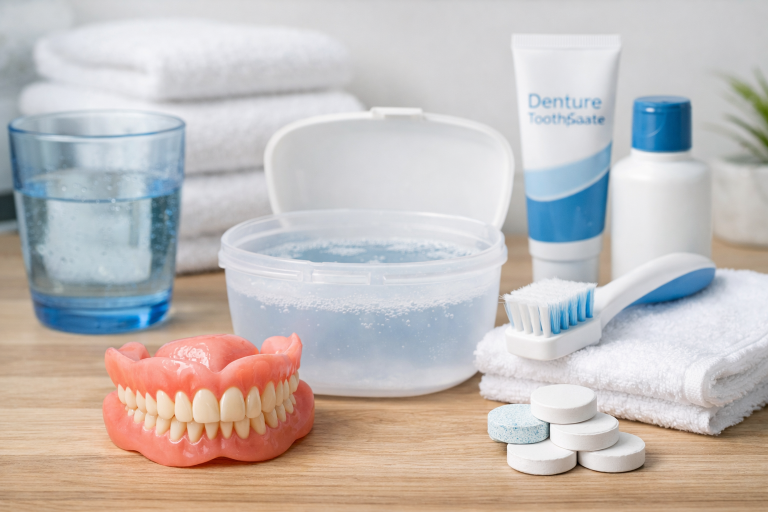 Dentures with cleaning brush and soaking container