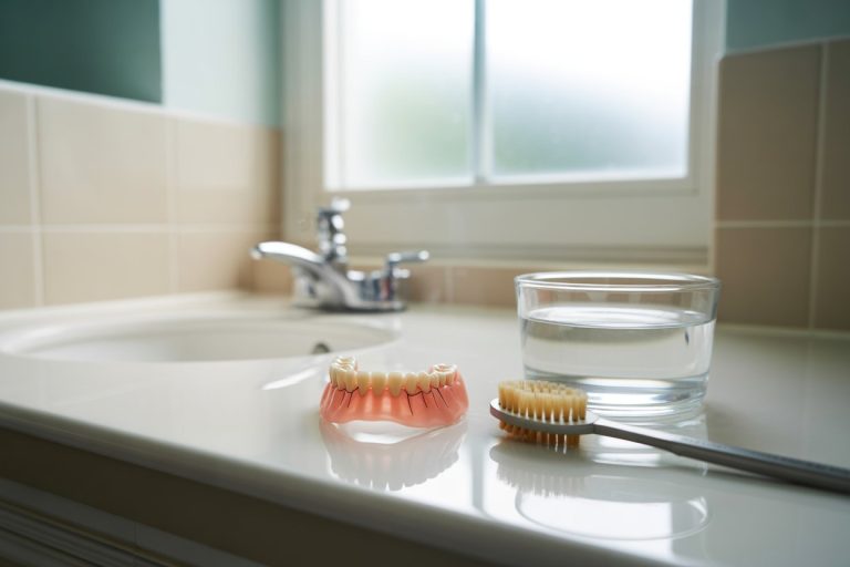 Cracked dentures and cleaning brush near sink