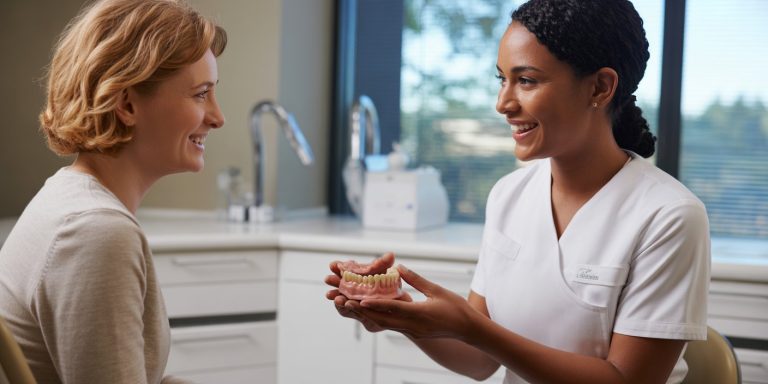 Patient discussing new dentures with dental technician in clinic
