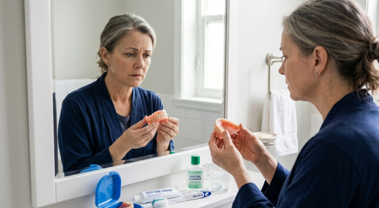 A realistic scene showing a person holding dentures while looking slightly concerned in a softly lit bathroom mirror, with denture case and cleaning items on the counter, natural lighting, calm clinical feel, high detail, professional healthcare photography style, landscape orientation, no text