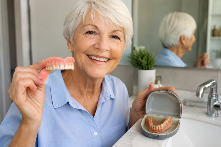 Older adult comparing modern dentures with older denture set