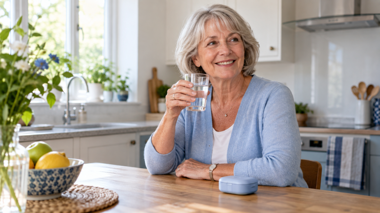 Woman holding a glass of water to help relieve dry mouth while wearing dentures
