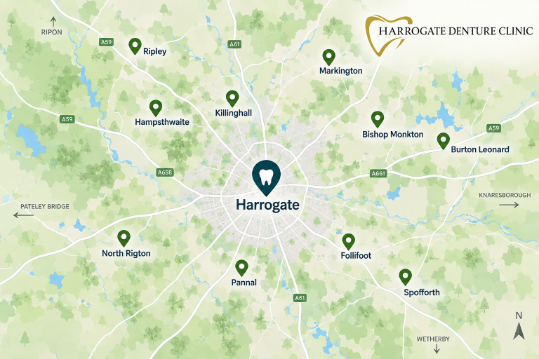 Map showing Harrogate Denture Clinic and surrounding villages including Pannal, Killinghall, Ripley, Spofforth and Follifoot